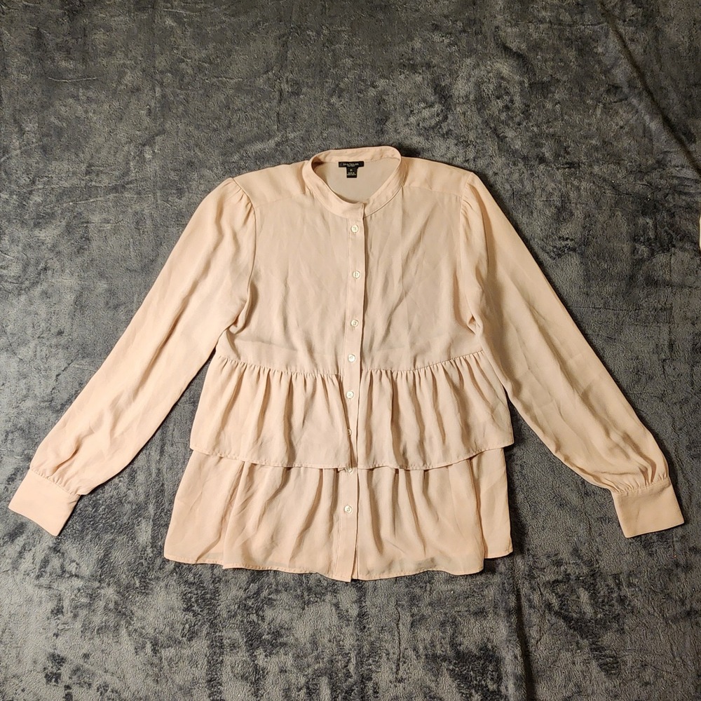 Ann Taylor Factory Peach Pink Tiered Ruffle Hem Button Down Blouse XS
